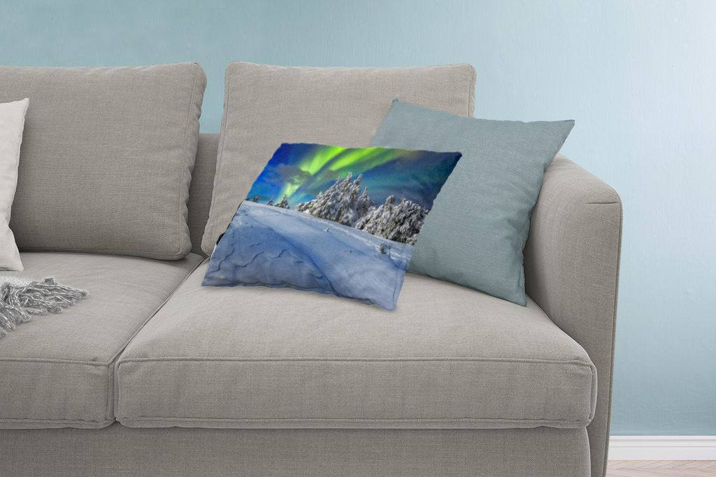MuchoWow Zierkissen Sofakissen Wohnzimmer Dekokissen 60x40 cm Nordlichter - Schnee - Baum - Winter - Kopfkissen - Polster mit Foto
