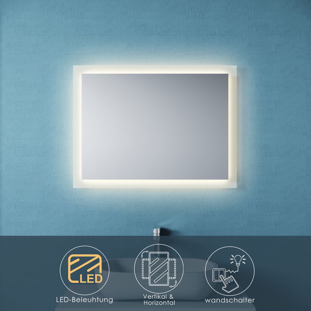 SONNI Badspiegel 80x60 cm mit LED-Beleuchtung Wandspiegel Lichtspiegel Badezimmerspiegel