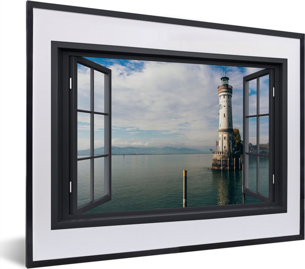 MuchoWow MuchoWow Gerahmtes Poster Aussicht - Wasser - Leuchtturm 40x30 cm - Poster mit zchwarzem Bilderrahmen - Bilderrahmen - Poster im Rahmen