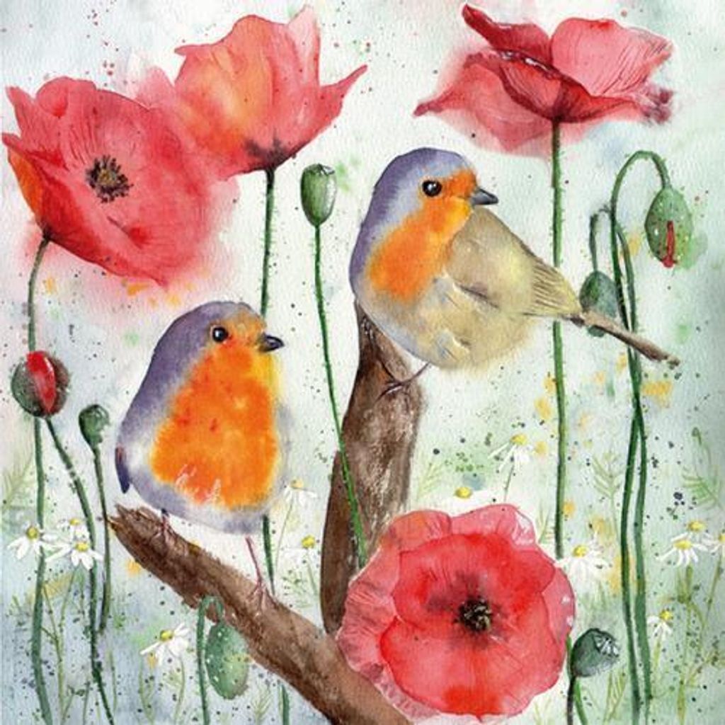 Servietten Papier 33x33cm 3-lagig Rotkehlchen und Mohnblumen 20 Stück