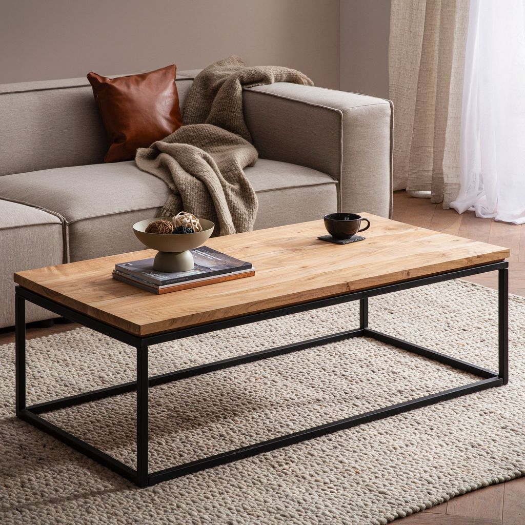 WOHNLING Couchtisch 120x60x40 cm Akazie Massivholz Metall Produktbild 