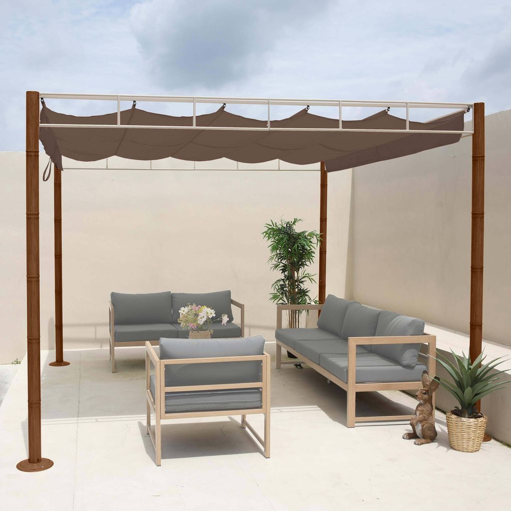 Pergola MCW-L42, Garten Pavillon Terrassenüberdachung, stabiles 7cm-Metall-Gestell 3x3m Bambus-Optik taupe-braun