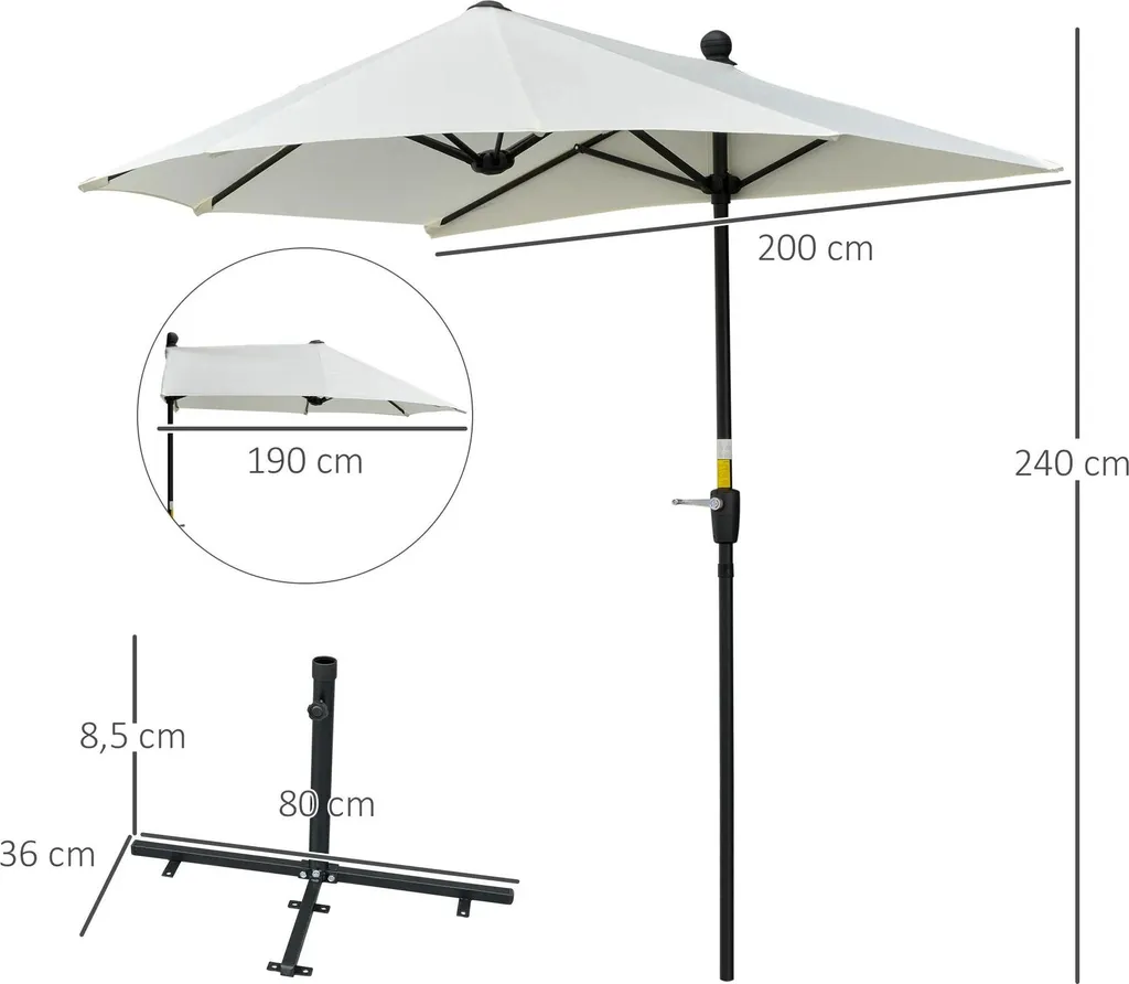 Parasol mural avec manivelle 200x190x240 cm en toile crème résistante