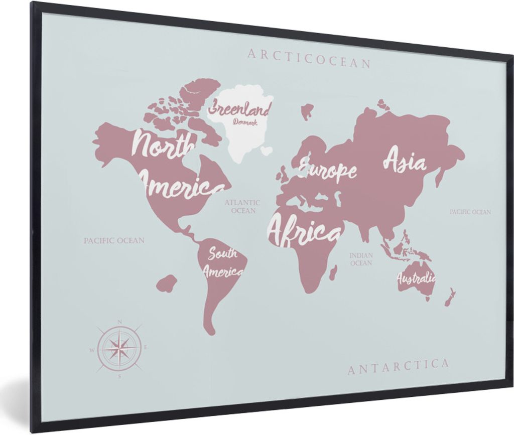MuchoWow Gerahmtes Poster Weltkarte - Rosa - Briefe 90x60 cm - Poster mit Schwarzem Bilderrahmen Wandposter Rahmen Foto Bilder - Fotorahmen - Fot...