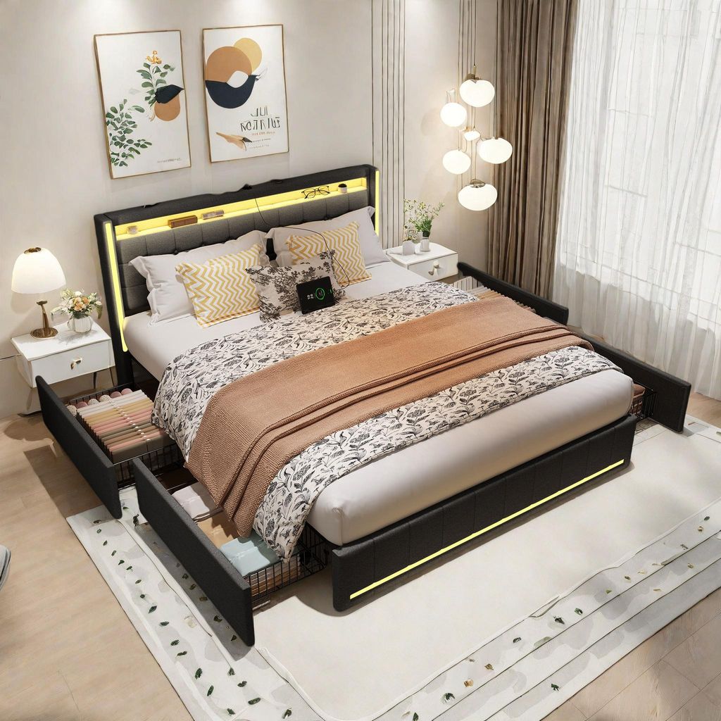 Doppelbett 160x200 cm in dunkelgrauem Leinen – Kopf- und Fußteil mit LED-Beleuchtung, 4 Metallschubladen, USB- und Typ-C-Anschlüsse