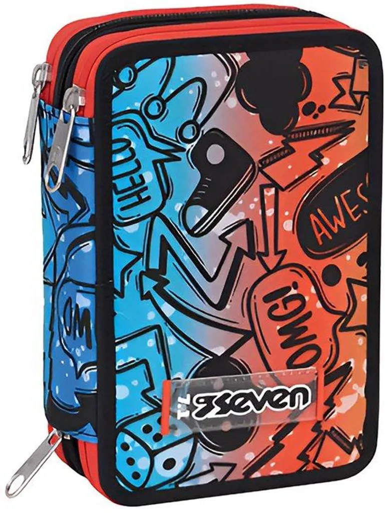 Plumier école 3 compartiments rouge et bleu pour crayons de couleur