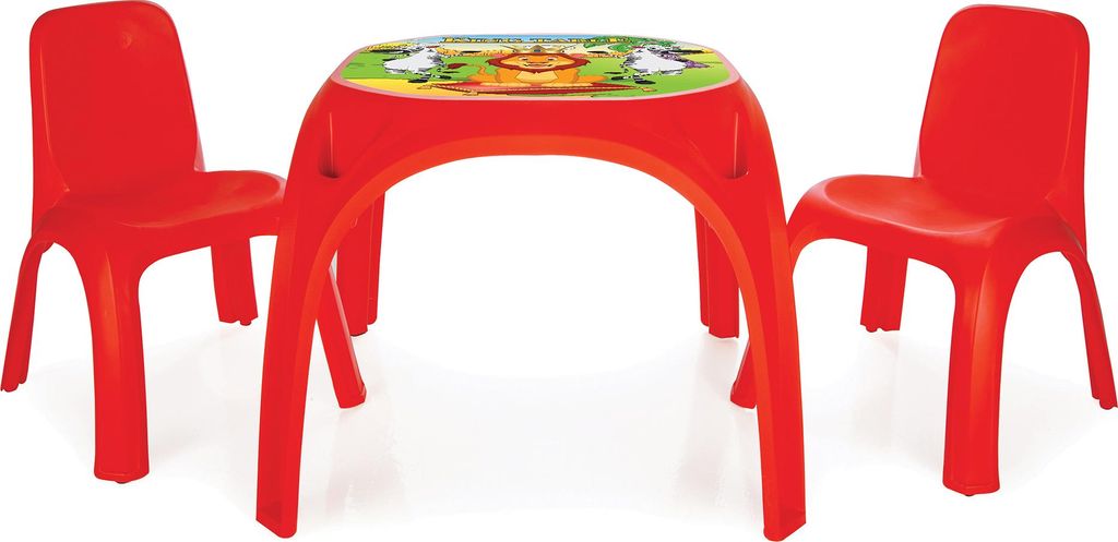 Stabile Kindersitzgruppe rot, 1x großer Tischöberfläche, Tiermotive und 2xKinderstühle