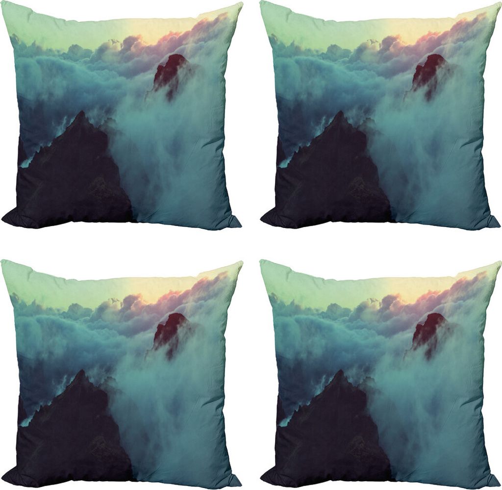 ABAKUHAUS Wolken Kissenbezug Set (4 Stück), Sunset Blick über die Hügel, Moderner Doppelseitiger Digitaldruck, 50 cm x 50 cm, blau, Braun,