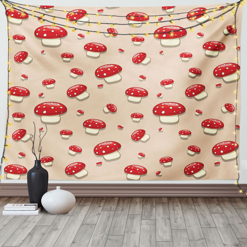 ABAKUHAUS Punktmuster Wandteppich, Cartoon Pilze, Wohnzimmer Schlafzimmer Wandtuch Seidiges Satin Wandteppich, 150 x 100 cm, Ivory Red Tan