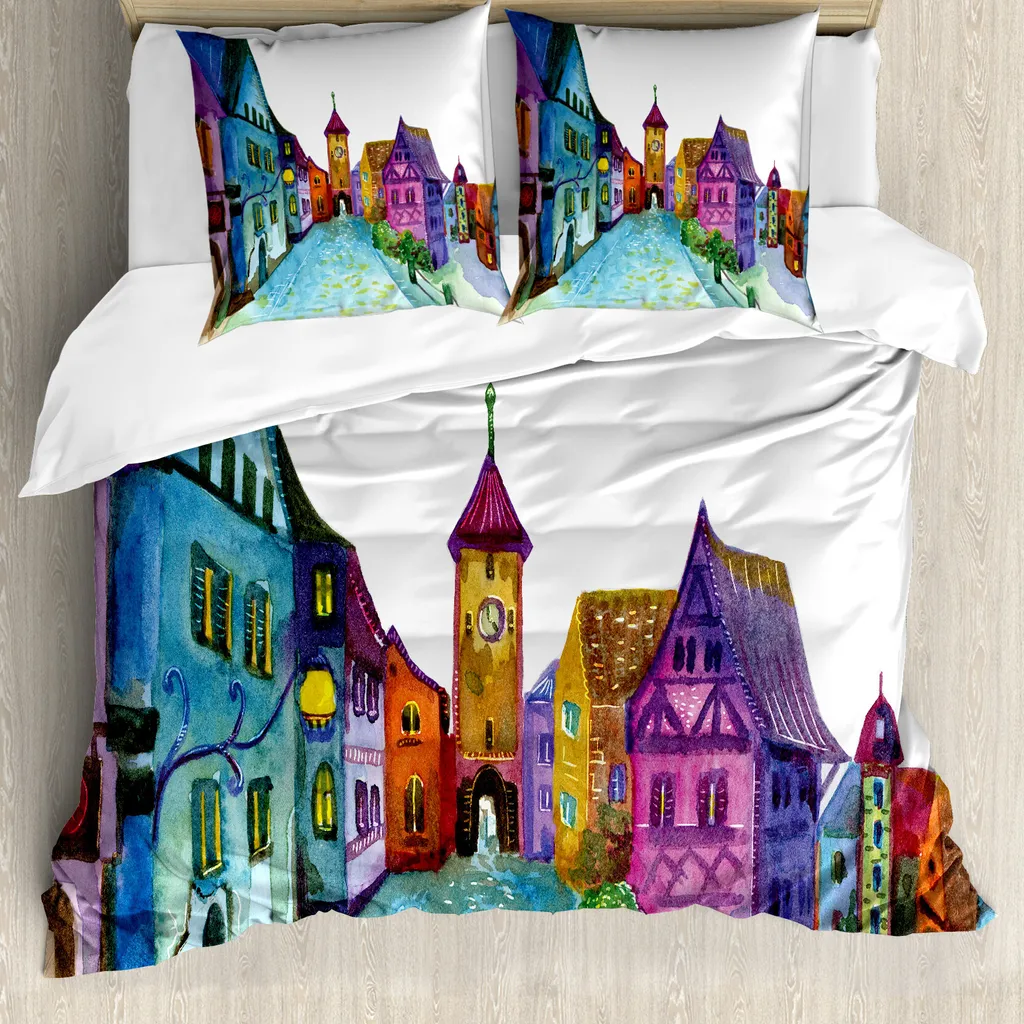 ABAKUHAUS Copripiumino con caricatura, paesaggio europeo, antiacaro, adatto a chi soffre di allergie, con federe, 155 cm x 220 cm - 80 x 80 cm, multicolore