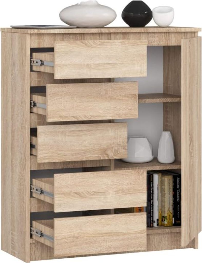 BDW - Kommode 5 Schubladen, Wohnzimmer, Flur 80x97x35, Sonoma-Eiche