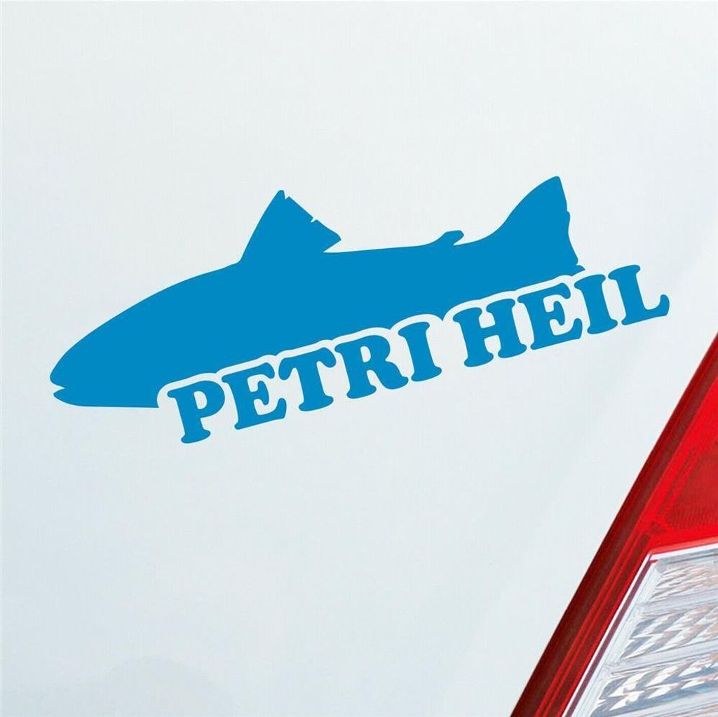 Auto Aufkleber Petri HEIL Gruß Angler Fischer Angeln 20x7 cm Hellblau Sticker Heckscheibenaufkleber