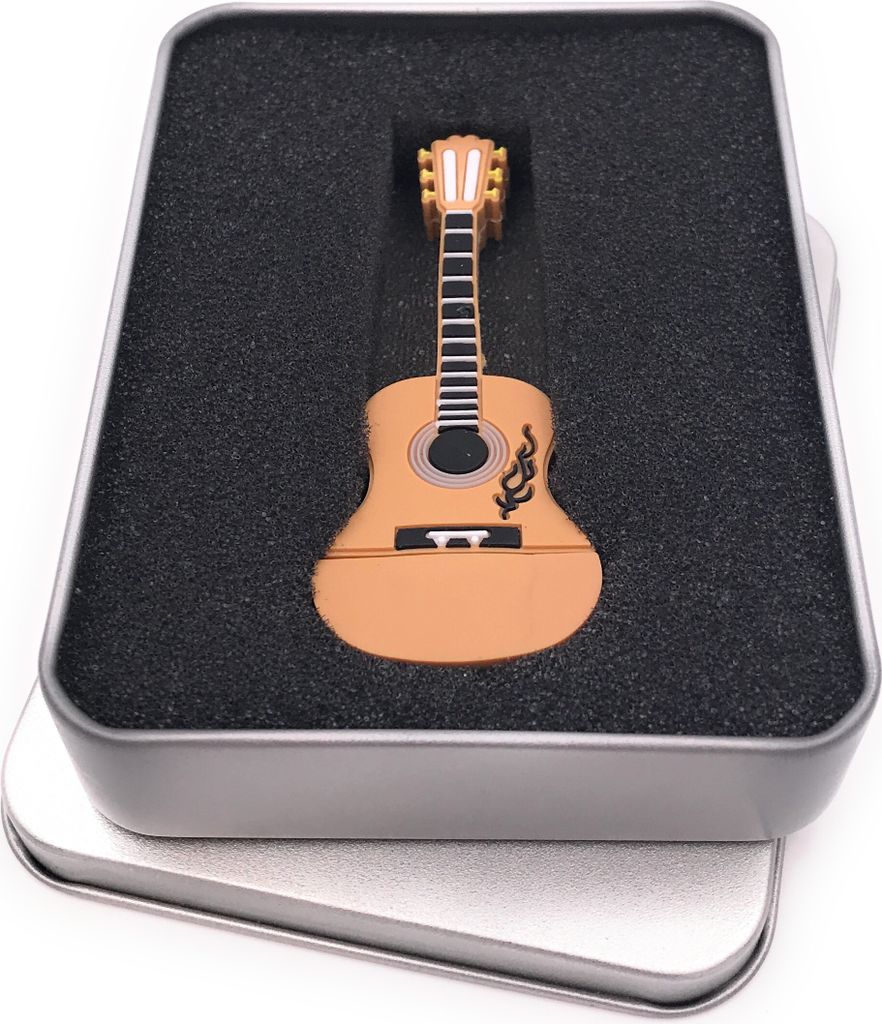 Onwomania Akustik Gitarre Beige Holz Farben USB Stick in Alu Geschenkbox 64 GB USB 3.0