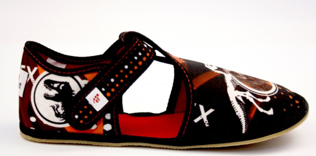 Hausschuhe BAREFOOT EF 385 T-REX Schwarz Rot halb offen Produktbild 