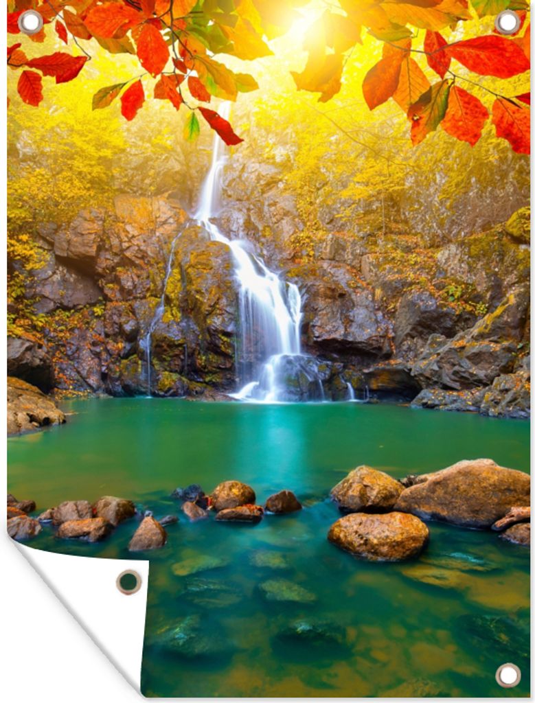 MuchoWow 60x80 cm Outdoor-Poster Gartendeko Sichtschutz Garten Poster für den Garten Steine - Baum - Wasserfall - Herbst - Rot