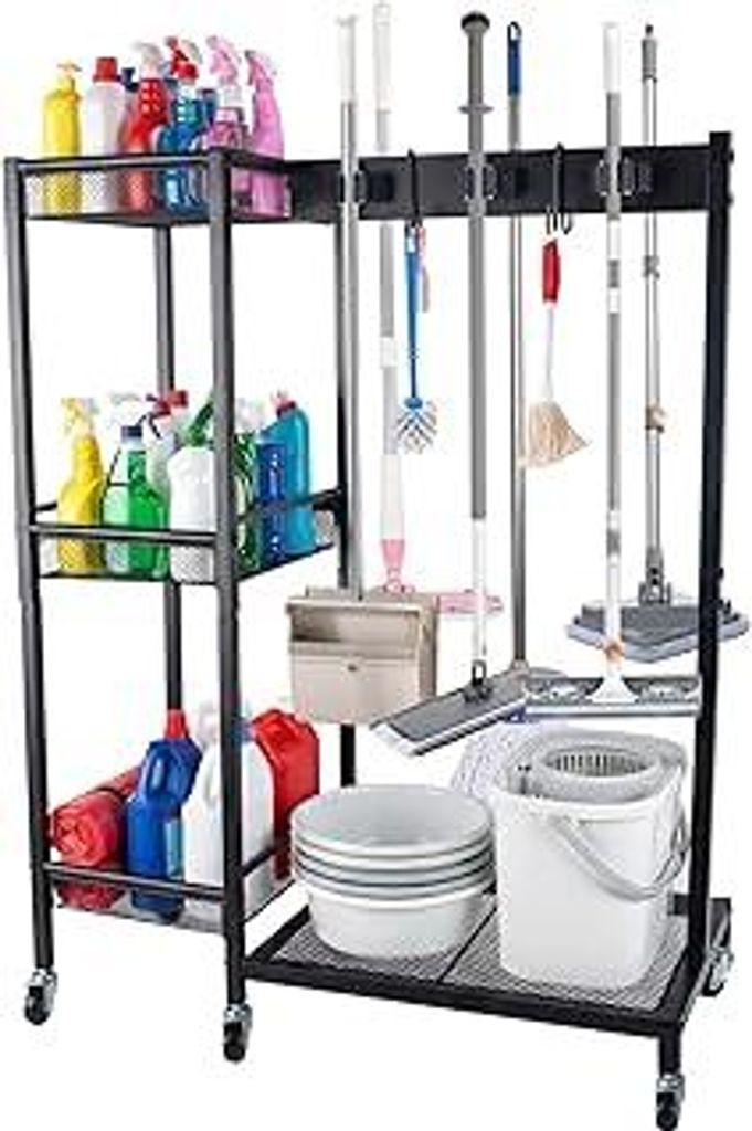 Besenhalter Reinigungswagen Organizer, Mobiler Putzwagen mit 6 Mopp-Aufhängern & 3 Doppelhaken, Haushaltswagen Besen- und Mopphalter fur Haushalt ...