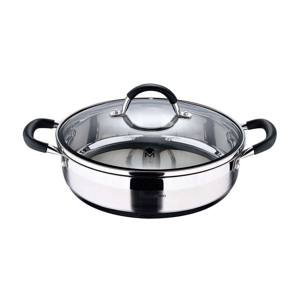 A stainless steel pot with a glass lid and black handles, shown from a front-facing angle on a white background.