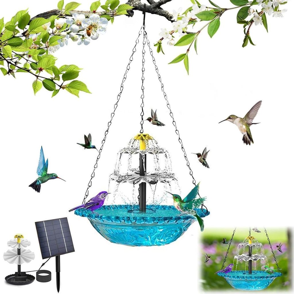 Solar Vogeltränke & Futterspender, hängender Gartendekor, Outdoor Vogelbad mit Pumpenfunktion, umweltfreundlich, 25 × 25 × 8 cm