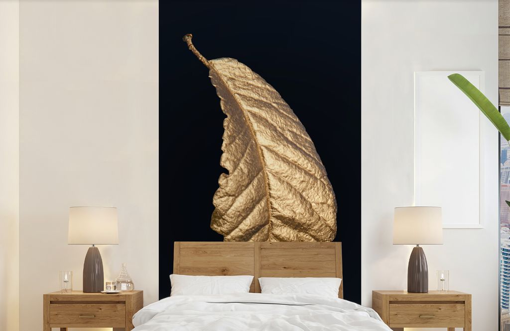 MuchoWow Fototapete für Wohnzimmer oder Schlafzimmer Wandtapete Vinyl Motivtapete Blätter - Luxus - Gold - Schwarz - Natur - 120x240 cm - Hinte...
