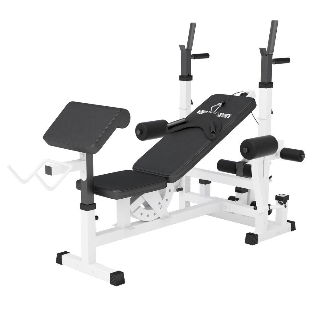 GORILLA SPORTS Multifunktion Hantelbank - Verstellbar, mit Langhantel-Ablage, Curlpult und Butterfly, Dip-Station, Beinstrecker, Weiß - Training...