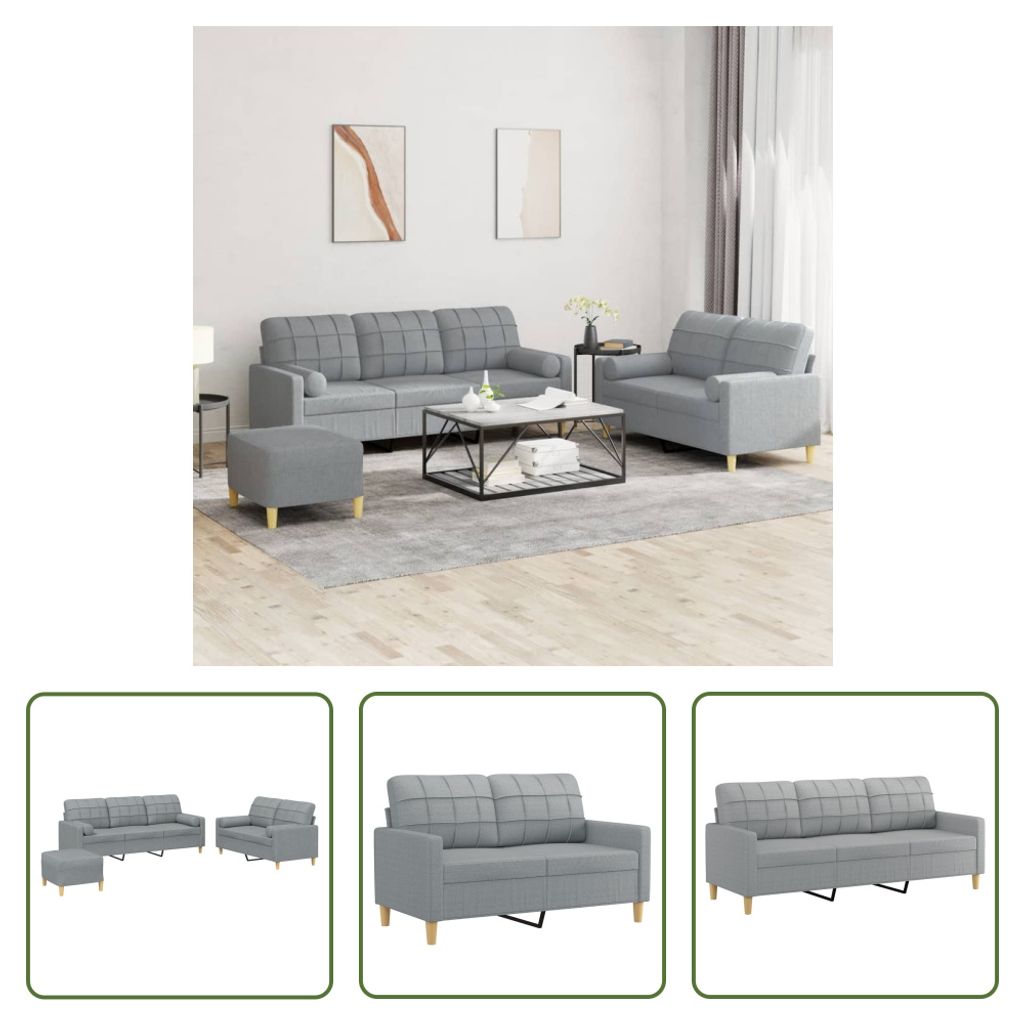 The Living Store 3-tlg. Sofagarnitur mit Kissen Hellgrau Stoff
