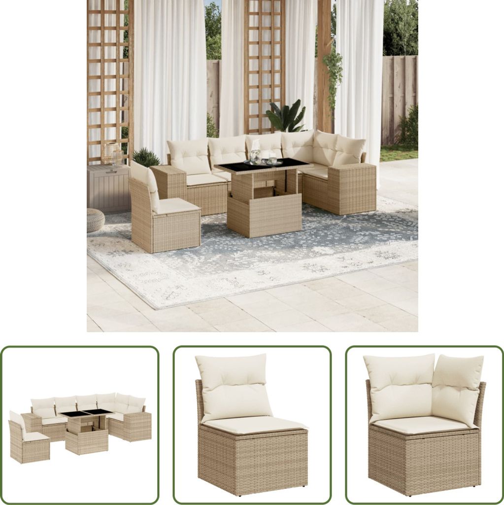 The Living Store 7-tlg. Garten-Sofagarnitur mit Kissen Beige Poly Rattan