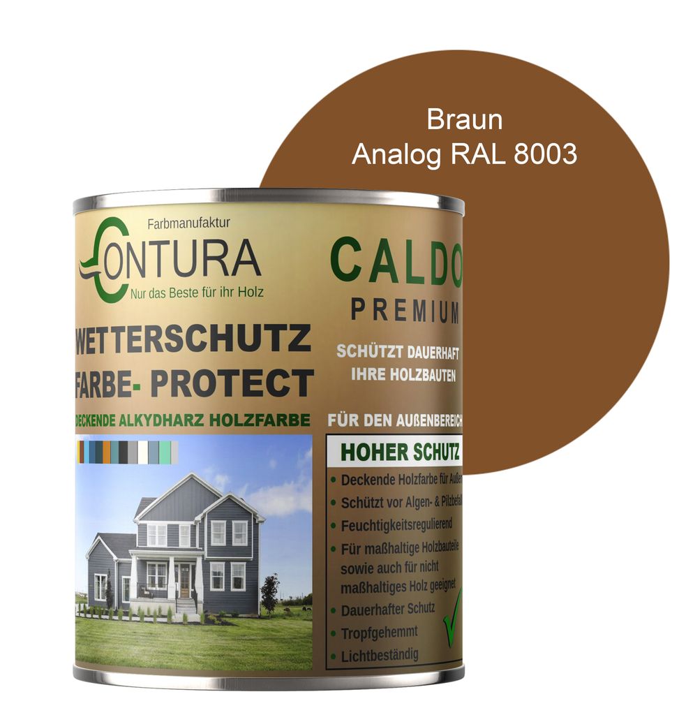 Contura 1Liter Wetterschutzfarbe Holz Dauerschutzfarbe Deckend Buntlack Holzfarbe Holzlasur Seidenmatt - Braun - RAL 8003 Analog