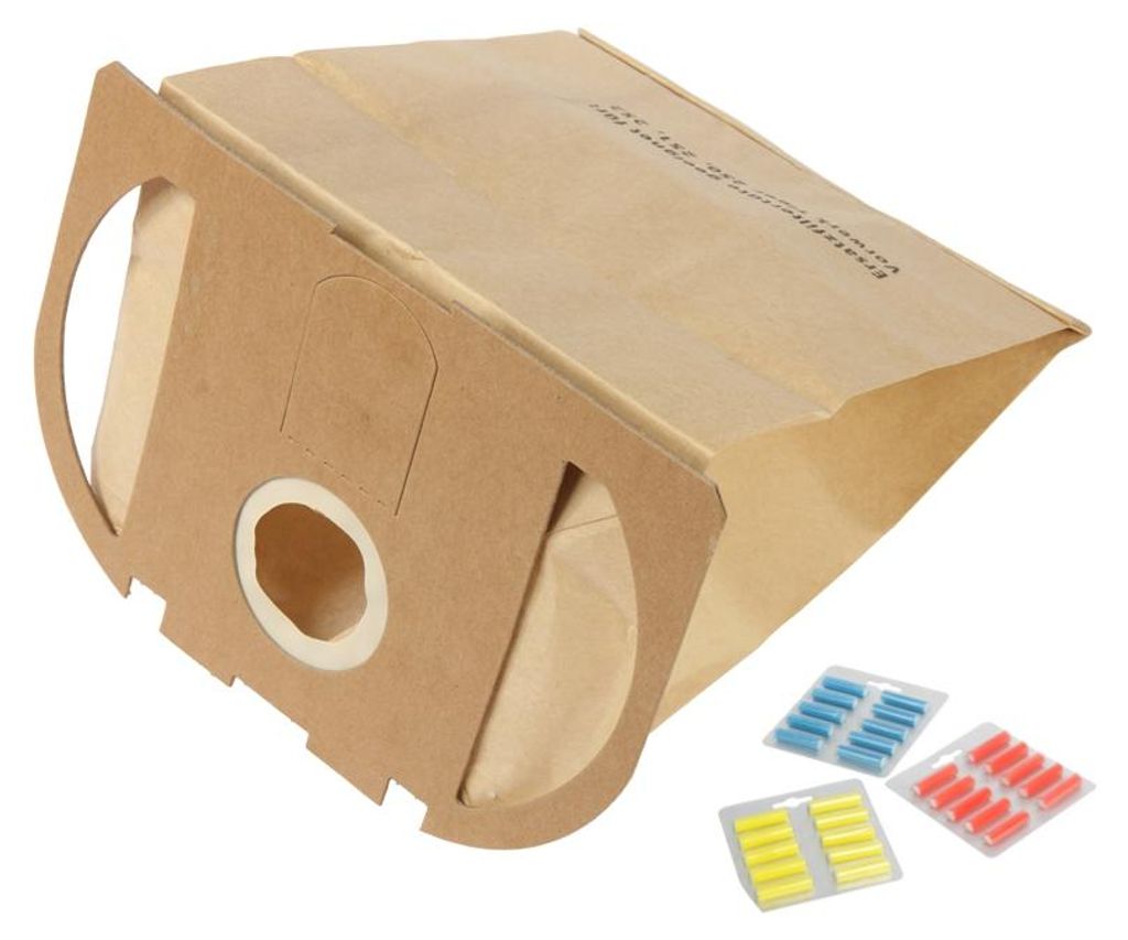 A brown paper vacuum cleaner bag with three small blister packs of colored scent capsules in front of it.