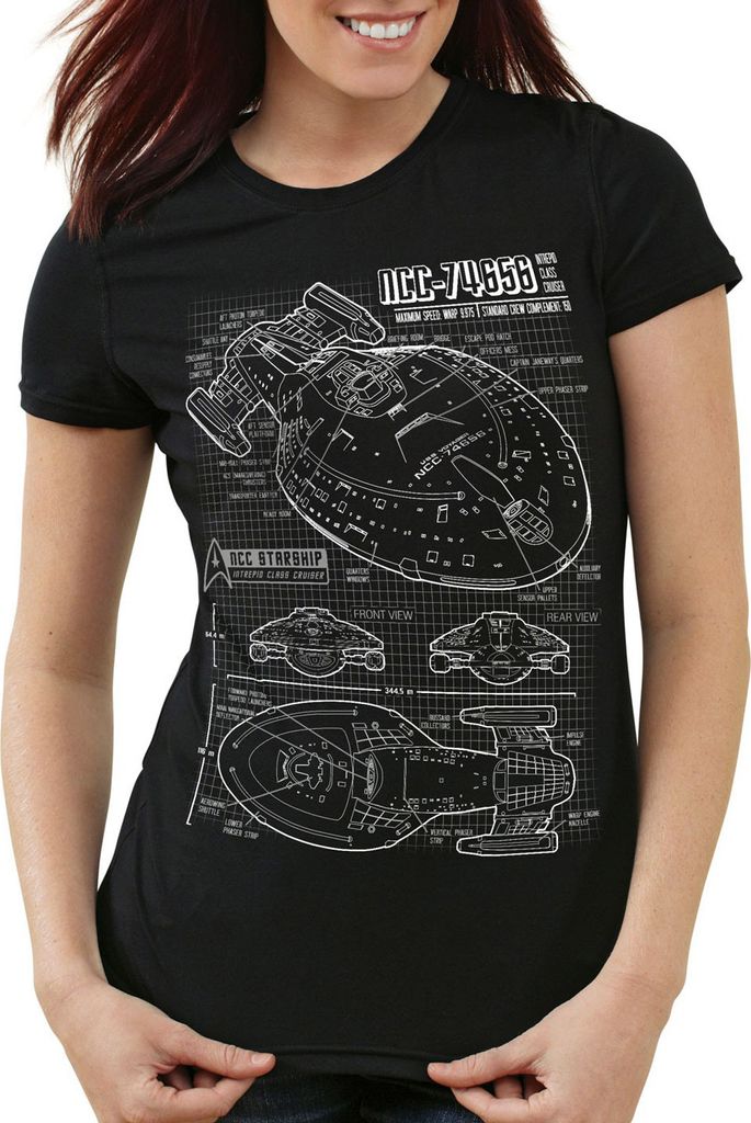 style3 NCC-74656 Voyager T-Shirt Damen trek trekkie blaupause, Farbe:Schwarz, Größe:M