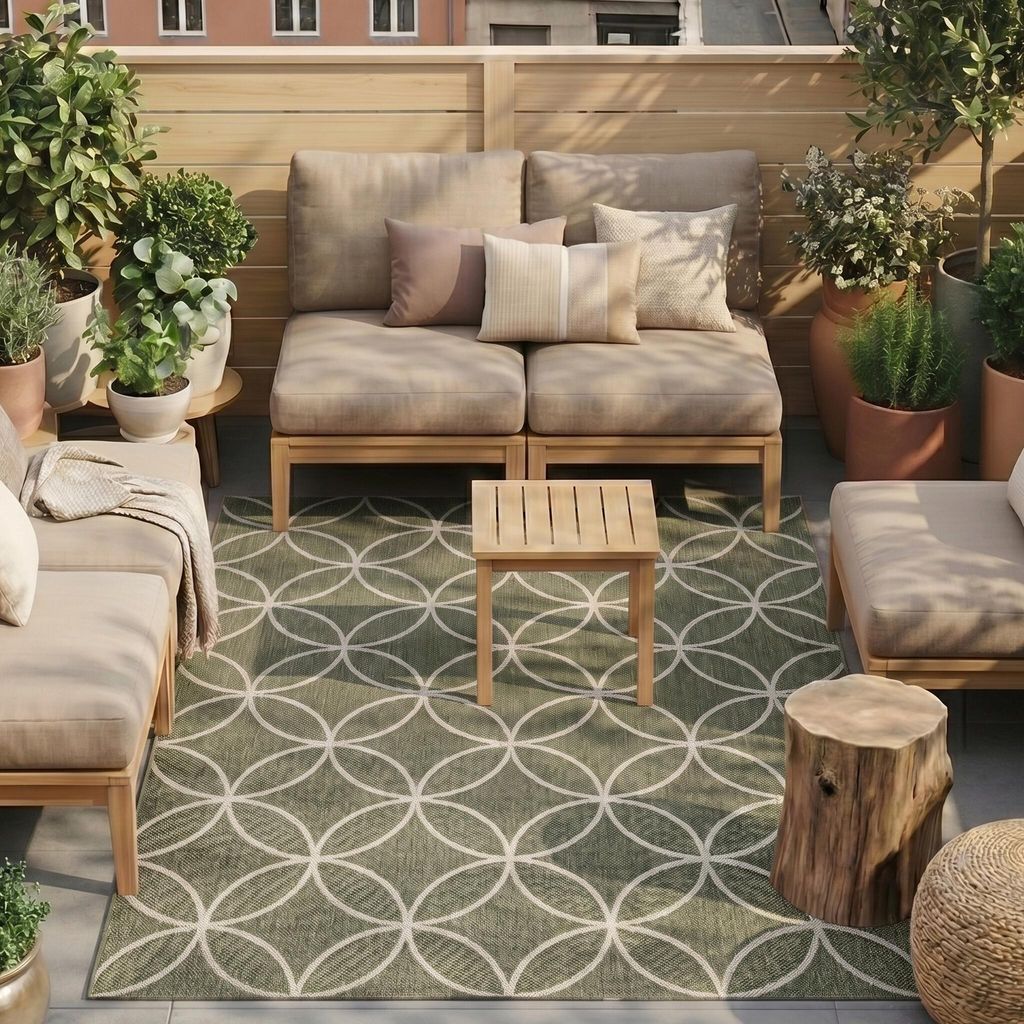 Volero - Geometrischer Outdoor Teppich - Faro Ripple Grün Weiß - 120x170cm - Balkon, Garten, Terrasse, Wintergarten - Retro