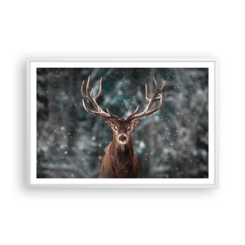 Gerahmtes Poster - Weißer Rahmen - Hirsch Hirsch Winter - 91,5x61 cm - Wand Bild - Wanddeko - Wandbilder - Kunstposter - Wandposter - Bilderrahmen...