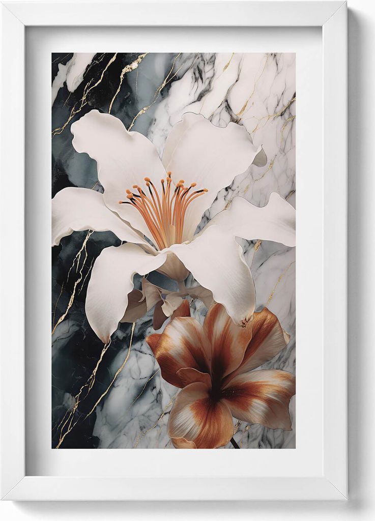 Marmorkomposition mit Blumen– Wandbild mit Rahmen – Gerahmtes Bild – Wanddekoration – 20x30 cm – Weiß