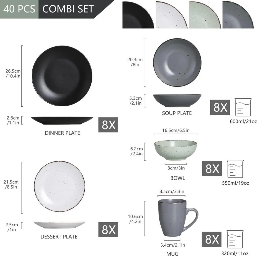 Set de Vaisselle Complet 40 Pièces en Faïence Noire Style Rétro Chic - 2
