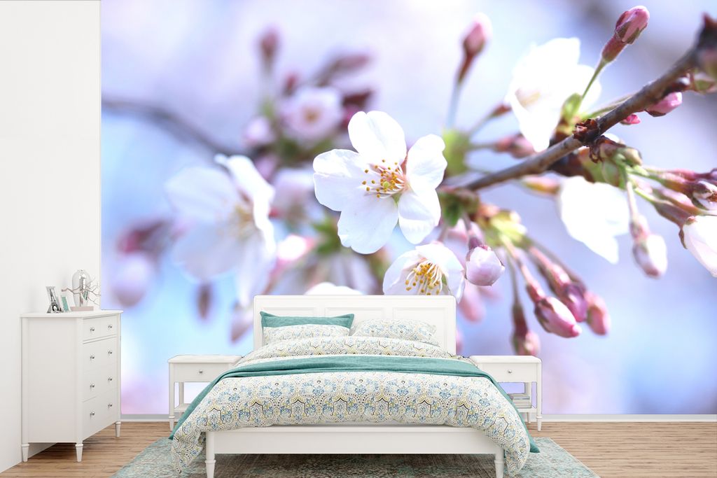 MuchoWow Fototapete für Wohnzimmer oder Schlafzimmer Wandtapete Vinyl Motivtapete Blumen - Sakura - Zweig - 450x300 cm - Gemusterte