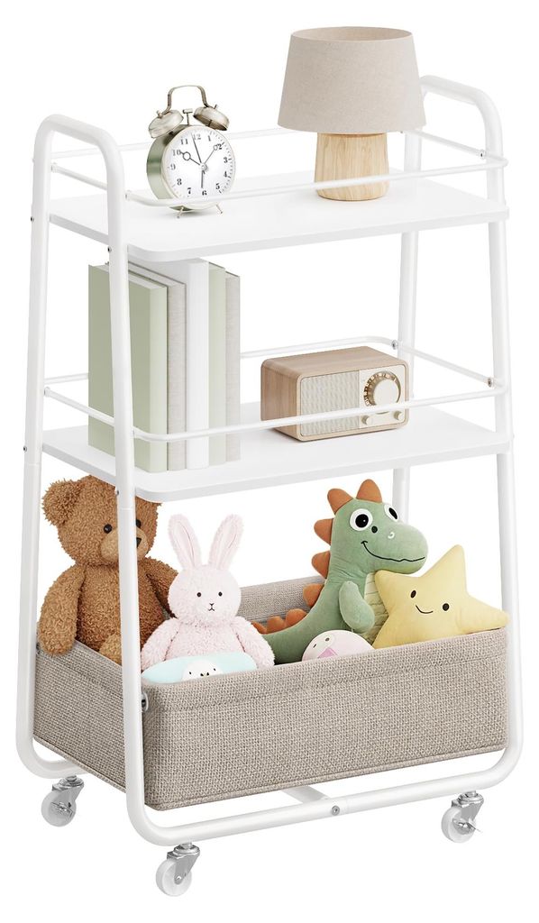 Kollektion – Rollwagen mit Stoffkorb, 3 Ebenen, Servierwagen auf Rädern, Ablagen, Küchenwagen, für Wohnzimmer, Schlafzimmer, Küche, Wolkenwei...