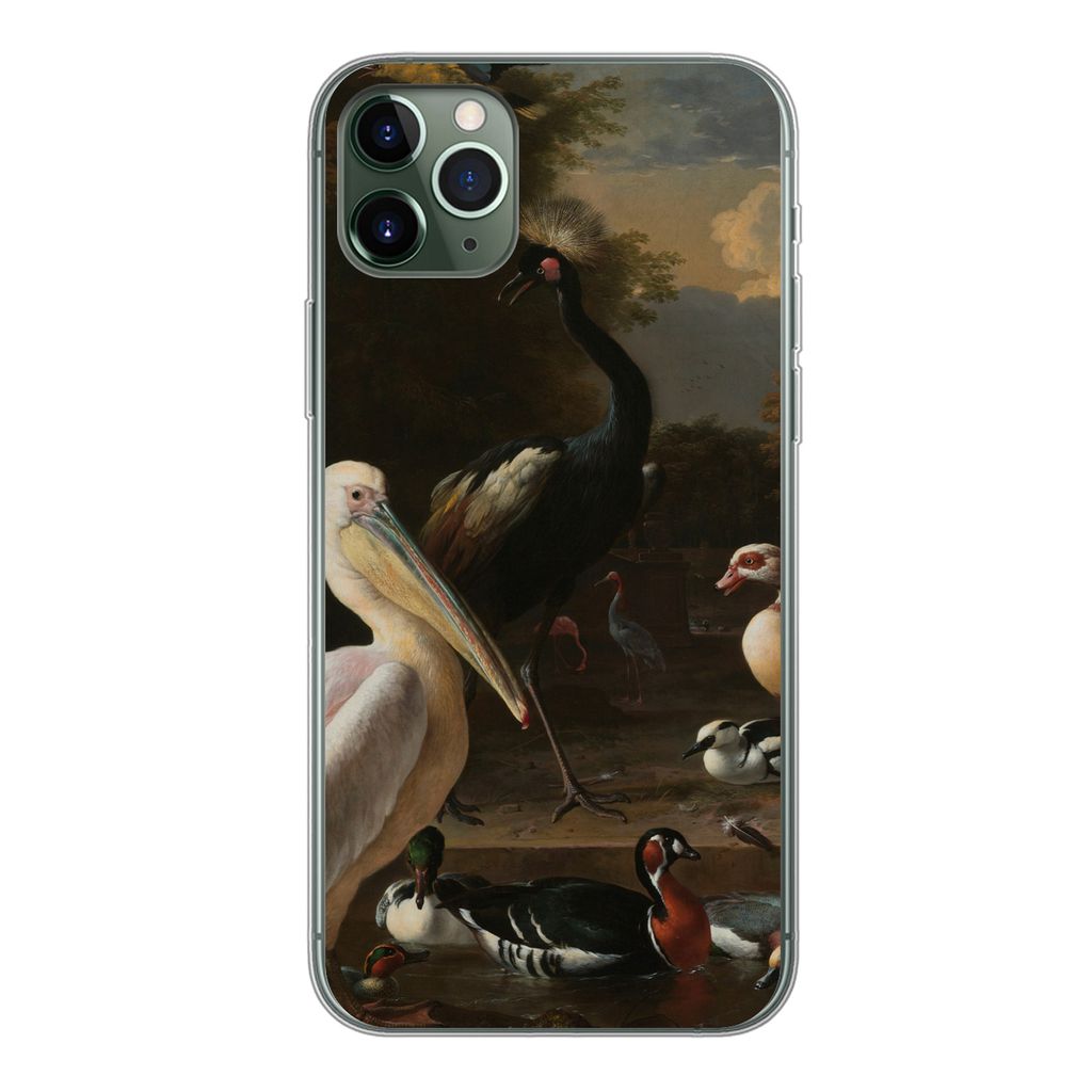 MuchoWow Handyhülle Schutzhülle Hülle für iPhone 11 Pro Max Ein Pelikan und andere Vögel in der Nähe eines Wasserbeckens - Gemälde von Mel...