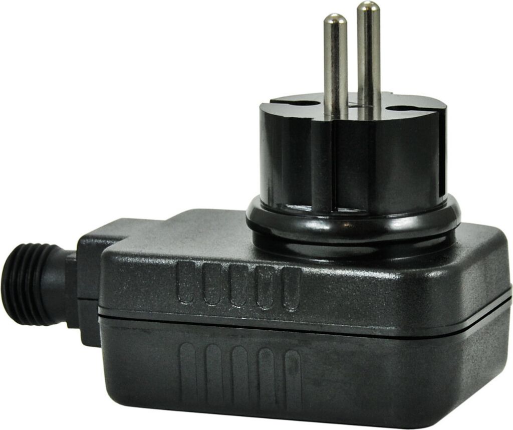 A black electrical adapter with a European plug.