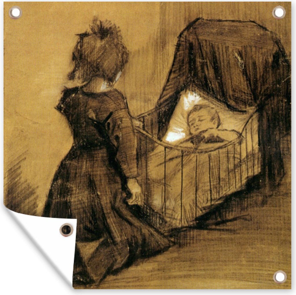 MuchoWow 100x100 cm Outdoor-Poster Gartendeko Sichtschutz Garten Poster für den Garten Mädchen kniend bei einer Wiege - Vincent van Gogh