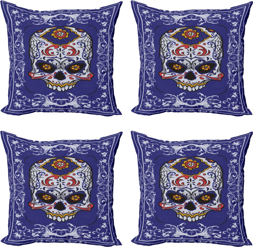 ABAKUHAUS Zuckerschädel Kissenbezug Set (4 Stück), Scary Floral Gothic, Moderner Doppelseitiger Digitaldruck, 45 cm x 45 cm, Mehrfarbig