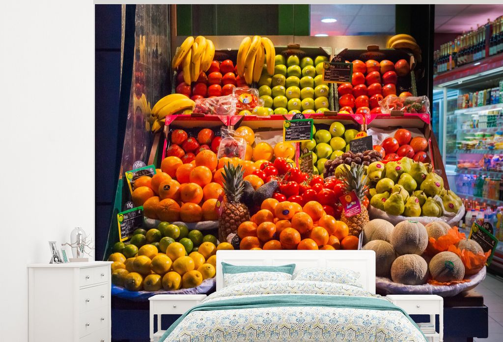 MuchoWow Fototapete für Wohnzimmer oder Schlafzimmer Wandtapete Vinyl Motivtapete Obst - Stand - Markt - Frankreich - 300x240 cm - Fototapeten