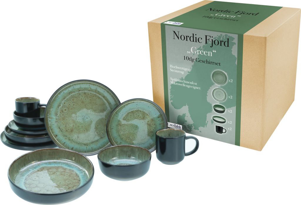 A set of stoneware dishes and a mug are displayed in front of their packaging.