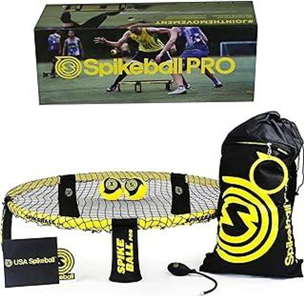 Spikeball Reaktionsspiel Pro | Bruchsicherer Kunststoff Rahmen, reißfestes Netz, Bälle mit Noppenstruktur, Ballpumpe | Mit Rucksack | Schwarz Gel...