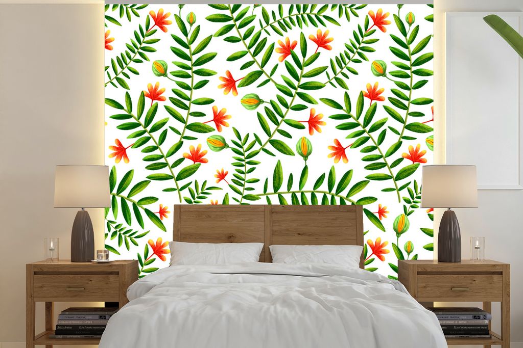 MuchoWow Fototapete für Wohnzimmer oder Schlafzimmer Wandtapete Vinyl Motivtapete Blumen - Dschungel - Design - 260x260 cm - Papiertapeten