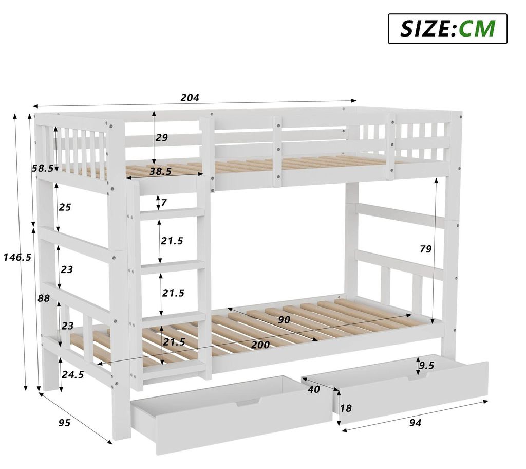Letto a castello per bambini - 90x200 cm - Con cassetti - Immagine del prodotto 