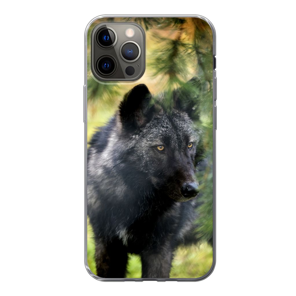 MuchoWow Handyhülle Schutzhülle Hülle für iPhone 12 Pro Wolf - Makro - Blätter Silikon Softcase Handy Hülle - Abdeckung