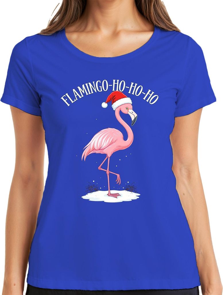 FLAMINGO-HO-HO-HO Weihnachtsflamingo Weihnachten Lustig Geschenk Damen T-Shirt, Blau, M