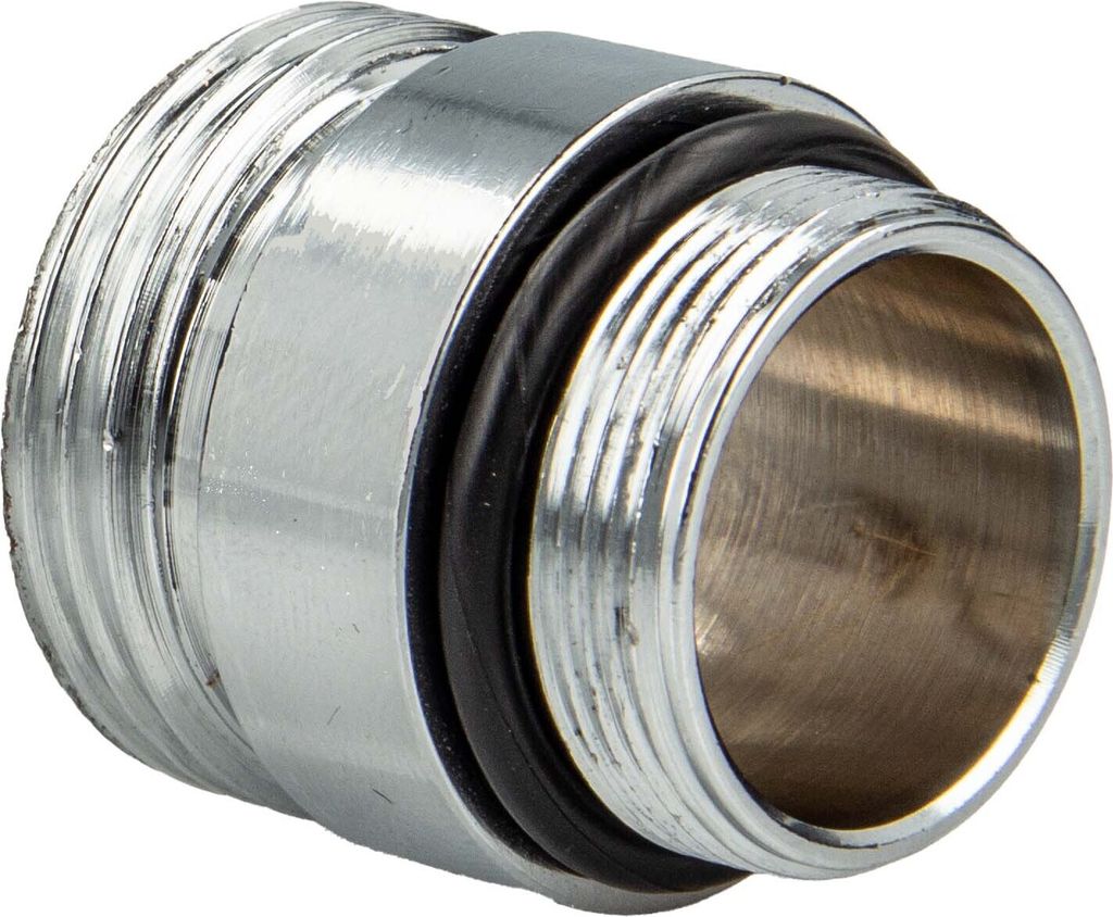 A close-up studio shot of a metal adapter with a black rubber ring.