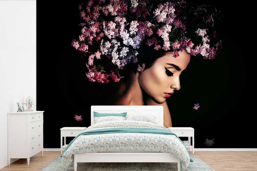 MuchoWow Fototapete für Wohnzimmer oder Schlafzimmer Wandtapete Vinyl Motivtapete Blossom - Frau - Rosa - Luxus - 420x280 cm - Zimmer für Kinder