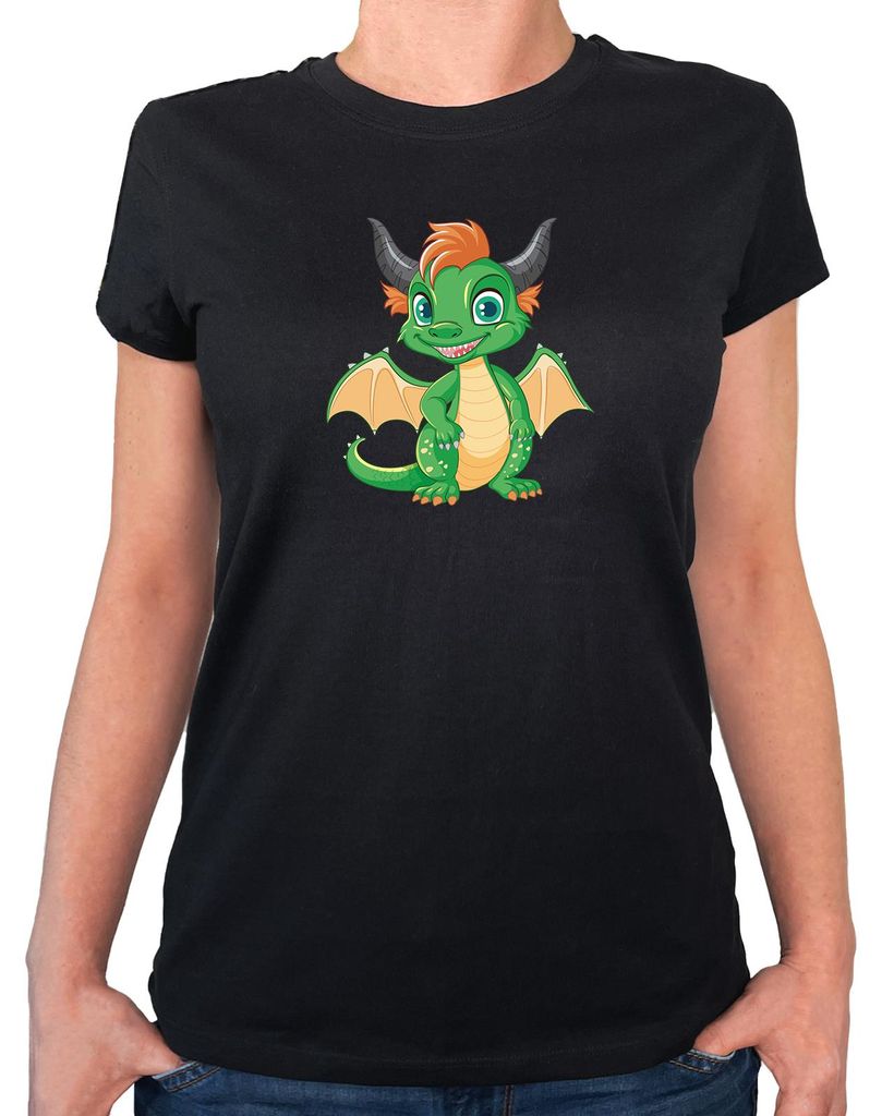 Huuraa Damen T-Shirt Drache Fabelwesen XL Black Bio Baumwolle Fairtrade Damenshirt Geschenkidee