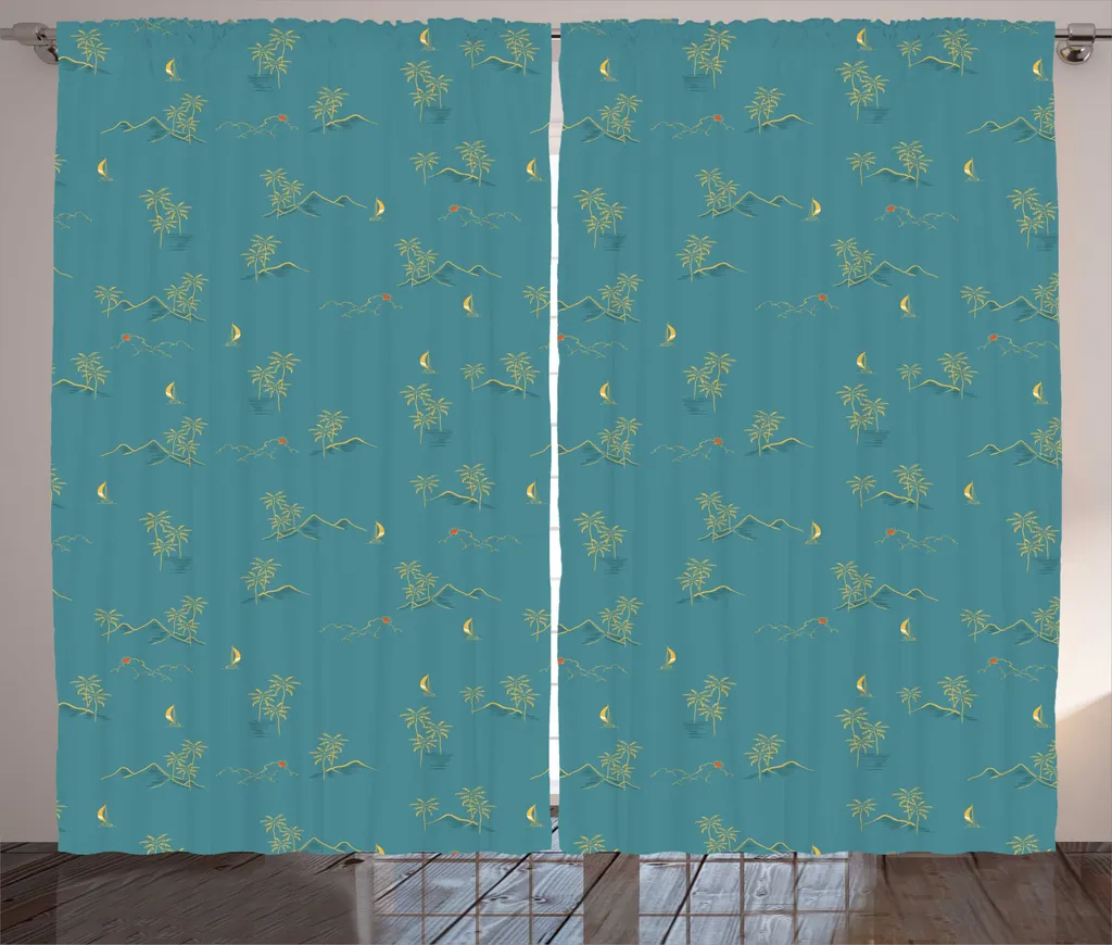 Rideau rustique ABAKUHAUS motifs palmiers tropicaux bleu 280 x 225 cm